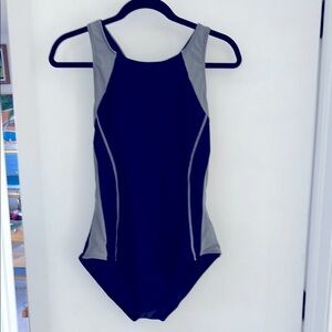 Black and Gray One Piece Swimwear with High Cut Neckline and Sporty Design